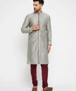 VASTRAMAY Men's Beige, Grey And Maroon Silk Blend Kurta Pyjama Set