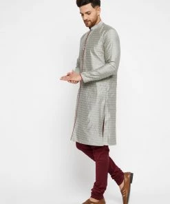 VASTRAMAY Men's Beige, Grey And Maroon Silk Blend Kurta Pyjama Set