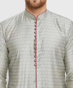 VASTRAMAY Men's Beige, Grey And Maroon Silk Blend Kurta Pyjama Set