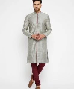 VASTRAMAY Men's Beige, Grey And Maroon Silk Blend Kurta Pyjama Set