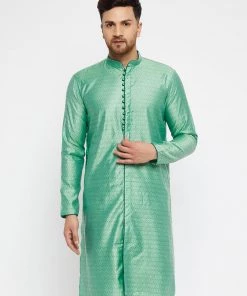 VASTRAMAY Men's Green Silk Blend Kurta