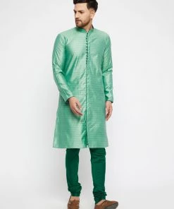VASTRAMAY Men's Green Silk Blend Kurta