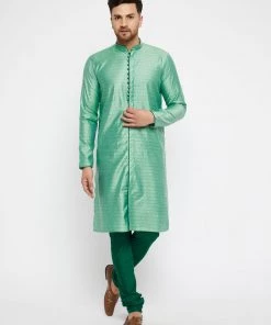 VASTRAMAY Men's Green Silk Blend Kurta Pyjama Set