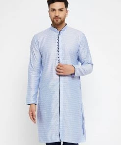 VASTRAMAY Men's Lavender And Navy Blue Silk Blend Kurta