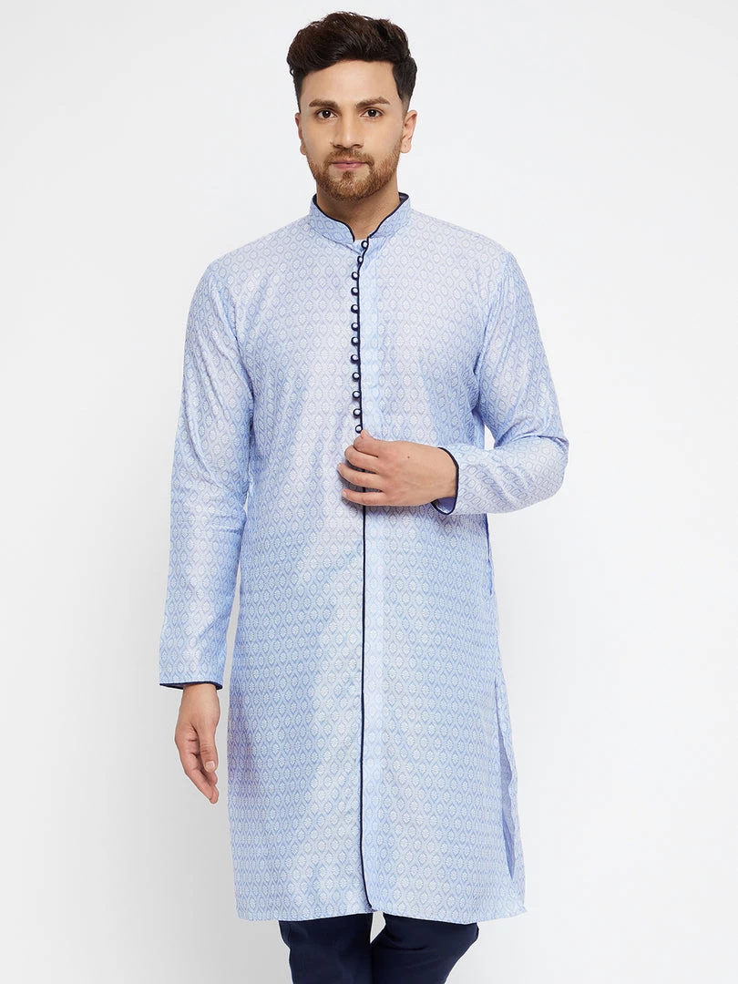 VASTRAMAY Men's Lavender And Navy Blue Silk Blend Kurta 3 VASTRAMAY Men's Lavender And Navy Blue Silk Blend Kurta