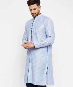 VASTRAMAY Men's Lavender And Navy Blue Silk Blend Kurta