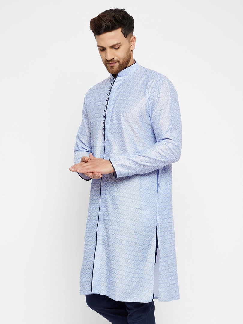 VASTRAMAY Men's Lavender And Navy Blue Silk Blend Kurta 4 VASTRAMAY Men's Lavender And Navy Blue Silk Blend Kurta