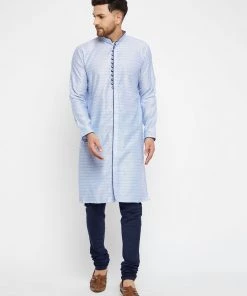 VASTRAMAY Men's Lavender And Navy Blue Silk Blend Kurta 12 VASTRAMAY Men's Lavender And Navy Blue Silk Blend Kurta