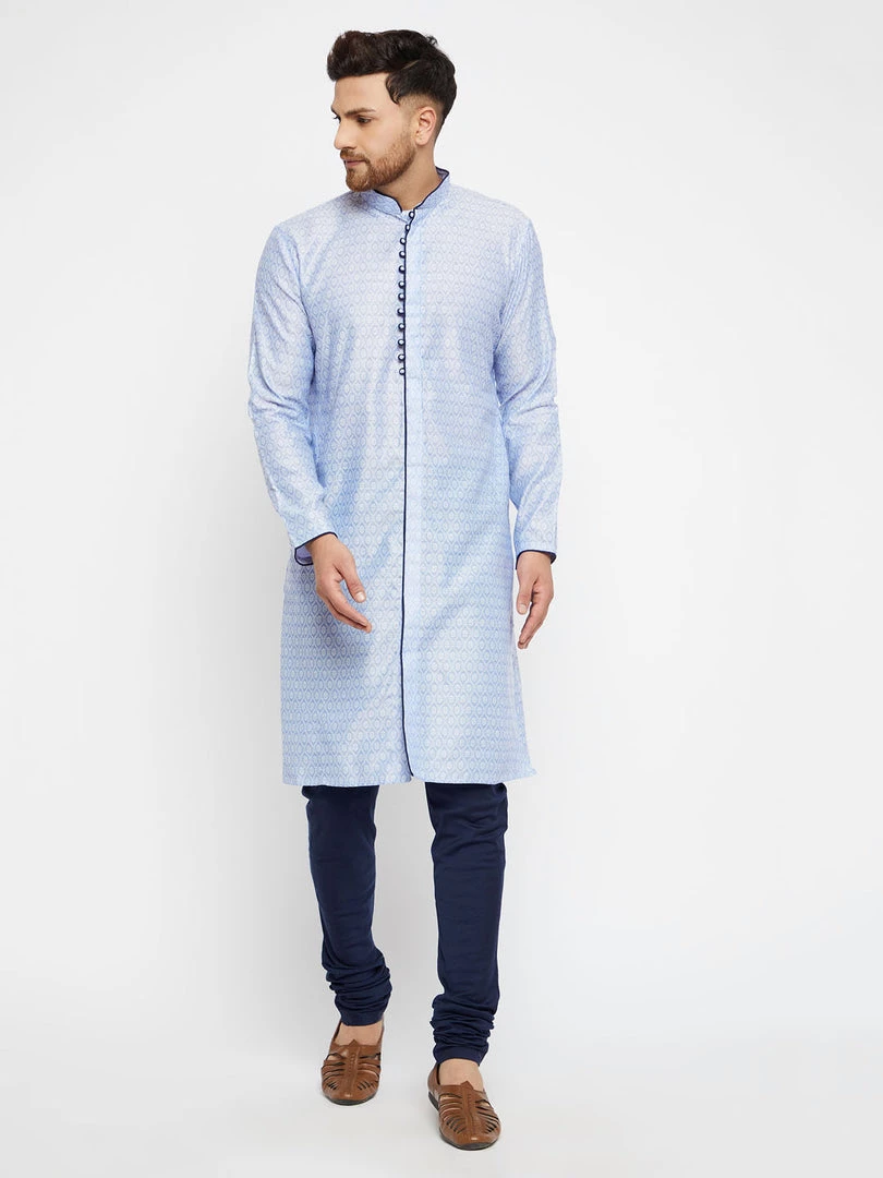 VASTRAMAY Men's Lavender And Navy Blue Silk Blend Kurta 7 VASTRAMAY Men's Lavender And Navy Blue Silk Blend Kurta