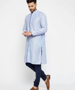 Vastramay Men's Lavender And Navy Blue Silk Blend Kurta Pyjama Set