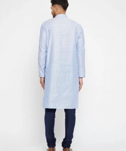 Vastramay Men's Lavender And Navy Blue Silk Blend Kurta Pyjama Set