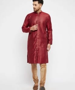 Vastramay Men's Maroon And Rose Gold Silk Blend Kurta Pyjama Set