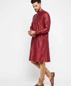 Vastramay Men's Maroon And Rose Gold Silk Blend Kurta Pyjama Set