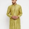 Vastramay Men's Mustard And Maroon Silk Blend Kurta