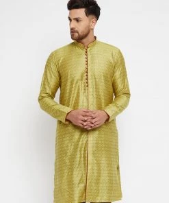 Vastramay Men's Mustard And Maroon Silk Blend Kurta