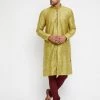 VASTRAMAY Men's Mustard And Maroon Silk Blend Kurta Pyjama Set 1 VASTRAMAY Men's Mustard And Maroon Silk Blend Kurta Pyjama Set