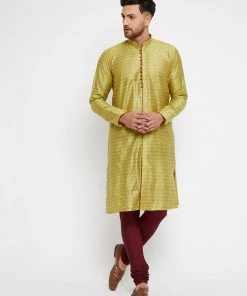 VASTRAMAY Men's Mustard And Maroon Silk Blend Kurta Pyjama Set