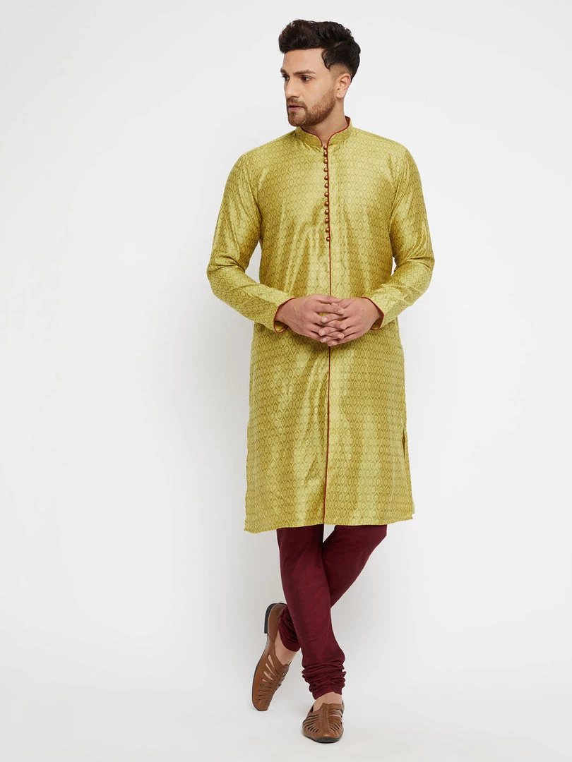 VASTRAMAY Men's Mustard And Maroon Silk Blend Kurta Pyjama Set 3 VASTRAMAY Men's Mustard And Maroon Silk Blend Kurta Pyjama Set