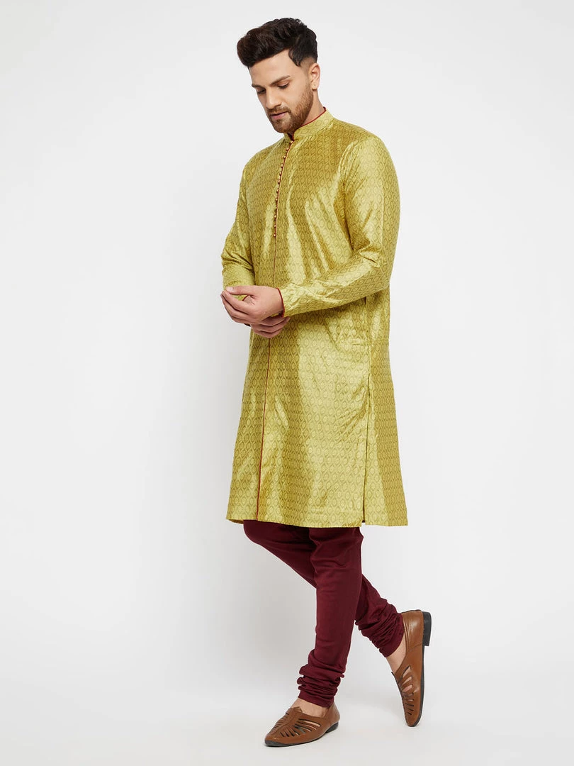 VASTRAMAY Men's Mustard And Maroon Silk Blend Kurta Pyjama Set 4 VASTRAMAY Men's Mustard And Maroon Silk Blend Kurta Pyjama Set
