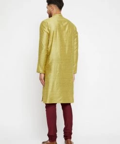 VASTRAMAY Men's Mustard And Maroon Silk Blend Kurta Pyjama Set 11 VASTRAMAY Men's Mustard And Maroon Silk Blend Kurta Pyjama Set
