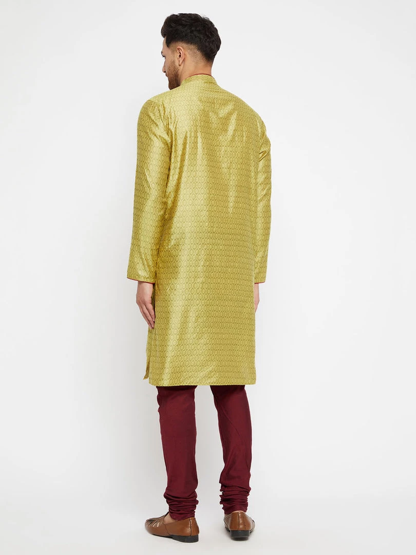 VASTRAMAY Men's Mustard And Maroon Silk Blend Kurta Pyjama Set 5 VASTRAMAY Men's Mustard And Maroon Silk Blend Kurta Pyjama Set