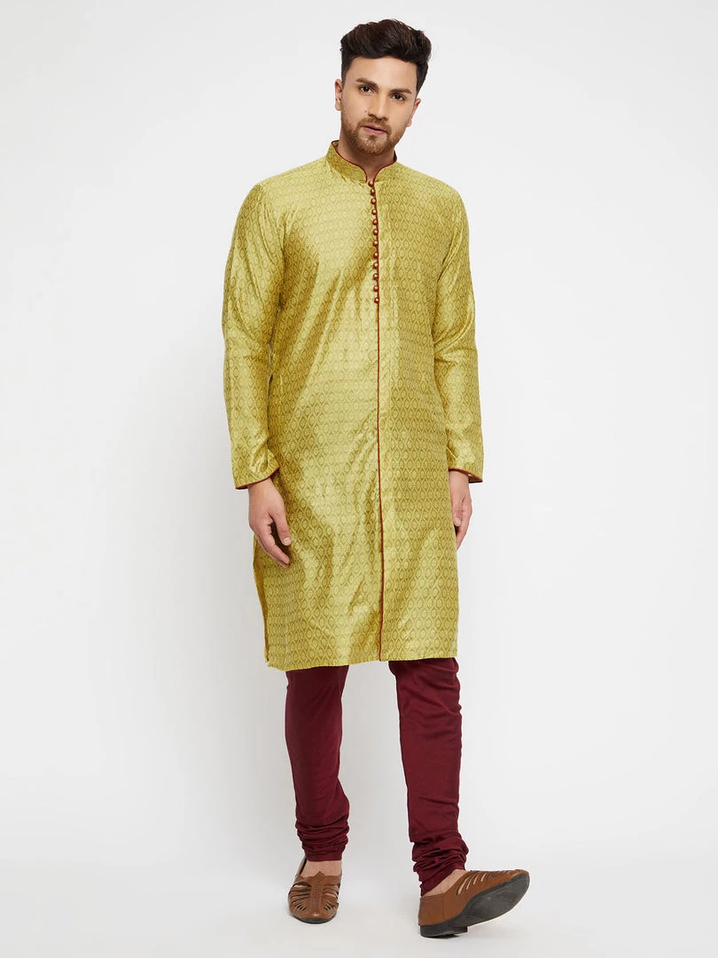 VASTRAMAY Men's Mustard And Maroon Silk Blend Kurta Pyjama Set 8 VASTRAMAY Men's Mustard And Maroon Silk Blend Kurta Pyjama Set