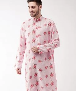 Vastramay Men's Multicolor-Base-Pink Muslin Blend Kurta
