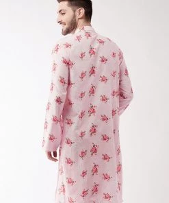 Vastramay Men's Multicolor-Base-Pink Muslin Blend Kurta