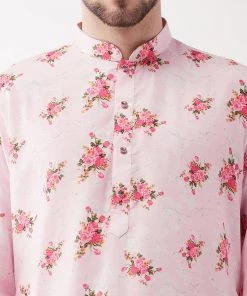 Vastramay Men's Multicolor-Base-Pink Muslin Blend Kurta