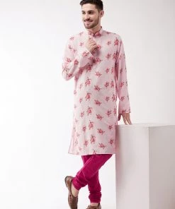 Vastramay Men's Multicolor-Base-Pink Muslin Blend Kurta