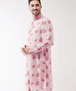 Vastramay Men's Multicolor-Base-Pink Muslin Blend Kurta