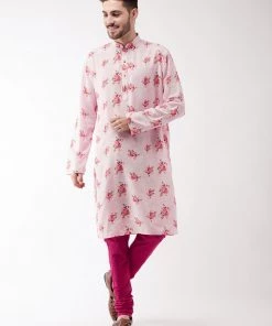 Rakhi Vastramay Men's Multicolor-Base-Pink Muslin Blend Kurta Pyjama Set