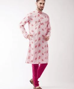 Rakhi Vastramay Men's Multicolor-Base-Pink Muslin Blend Kurta Pyjama Set