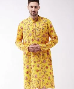 Vastramay Men's Floral Printed Multicolor-Base-Yellow Muslin Blend Kurta