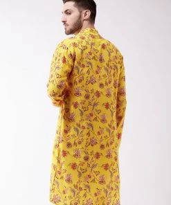 Vastramay Men's Floral Printed Multicolor-Base-Yellow Muslin Blend Kurta