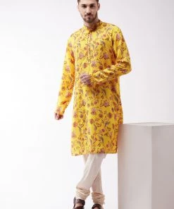 Vastramay Men's Floral Printed Multicolor-Base-Yellow Muslin Blend Kurta