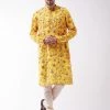 Vastramay Men's Floral Printed Multicolor-Base-Yellow Muslin Blend Kurta And Pyjama Set 2 Vastramay Men's Floral Printed Multicolor-Base-Yellow Muslin Blend Kurta And Pyjama Set