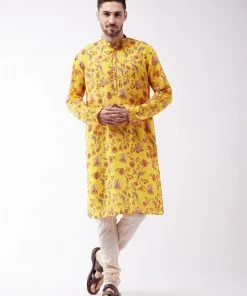 Vastramay Men's Floral Printed Multicolor-Base-Yellow Muslin Blend Kurta And Pyjama Set