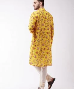 Vastramay Multicolor-Base-Mustard And Cream Baap Beta Kurta And Pyjama Set