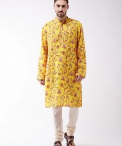 Vastramay Multicolor-Base-Mustard And Cream Baap Beta Kurta And Pyjama Set