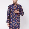 VASTRAMAY Men's Multicolor-Base-Navy Blue Muslin Blend Kurta 1 VASTRAMAY Men's Multicolor-Base-Navy Blue Muslin Blend Kurta