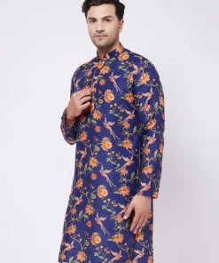 VASTRAMAY Men's Multicolor-Base-Navy Blue Muslin Blend Kurta
