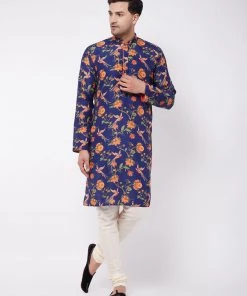 VASTRAMAY Men's Floral Printed Muslin Blend Kurta Pyjama Set