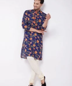 VASTRAMAY Men's Floral Printed Muslin Blend Kurta Pyjama Set