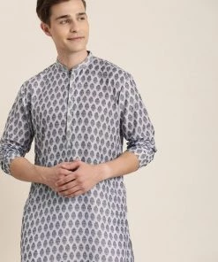 Kurta Sets Vastramay Men's Grey Cotton Blend Kurta And White Pyjama Set