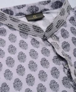 Kurta Sets Vastramay Men's Grey Cotton Blend Kurta And White Pyjama Set