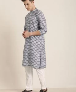 Kurta Sets Vastramay Men's Grey Cotton Blend Kurta And White Pyjama Set
