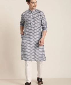 Kurta Sets Vastramay Men's Grey Cotton Blend Kurta And White Pyjama Set