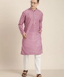 Vastramay Men's Pink Cotton Blend Kurta And White Pyjama Set