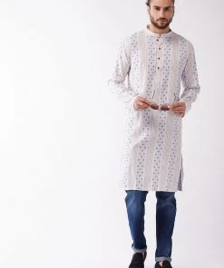 Vastramay Men's Multicolor-Base-Blue Silk Blend Kurta